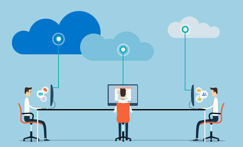 | Présence web trois hommes au bureau travaillant sur des ordinateurs connectés au cloud